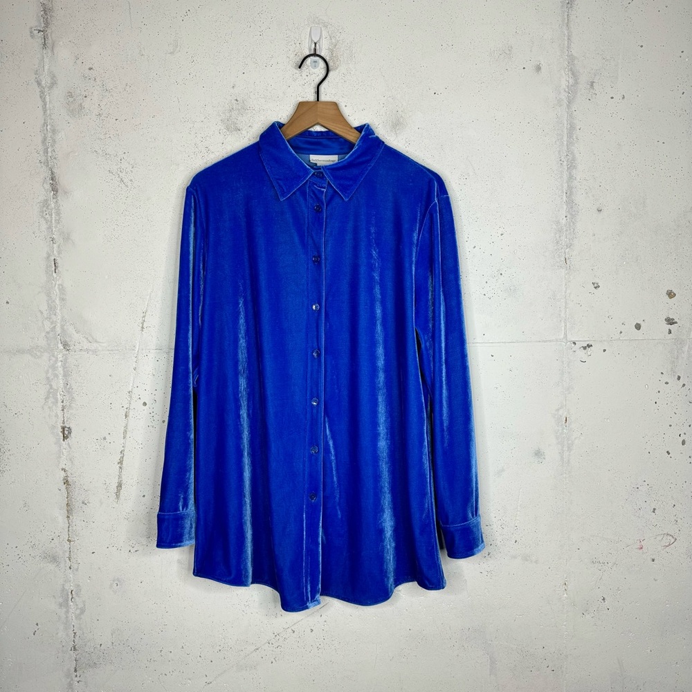 Soft Surroundings Electric Blue Velvet Velour Button Down Collard Blouse Lg